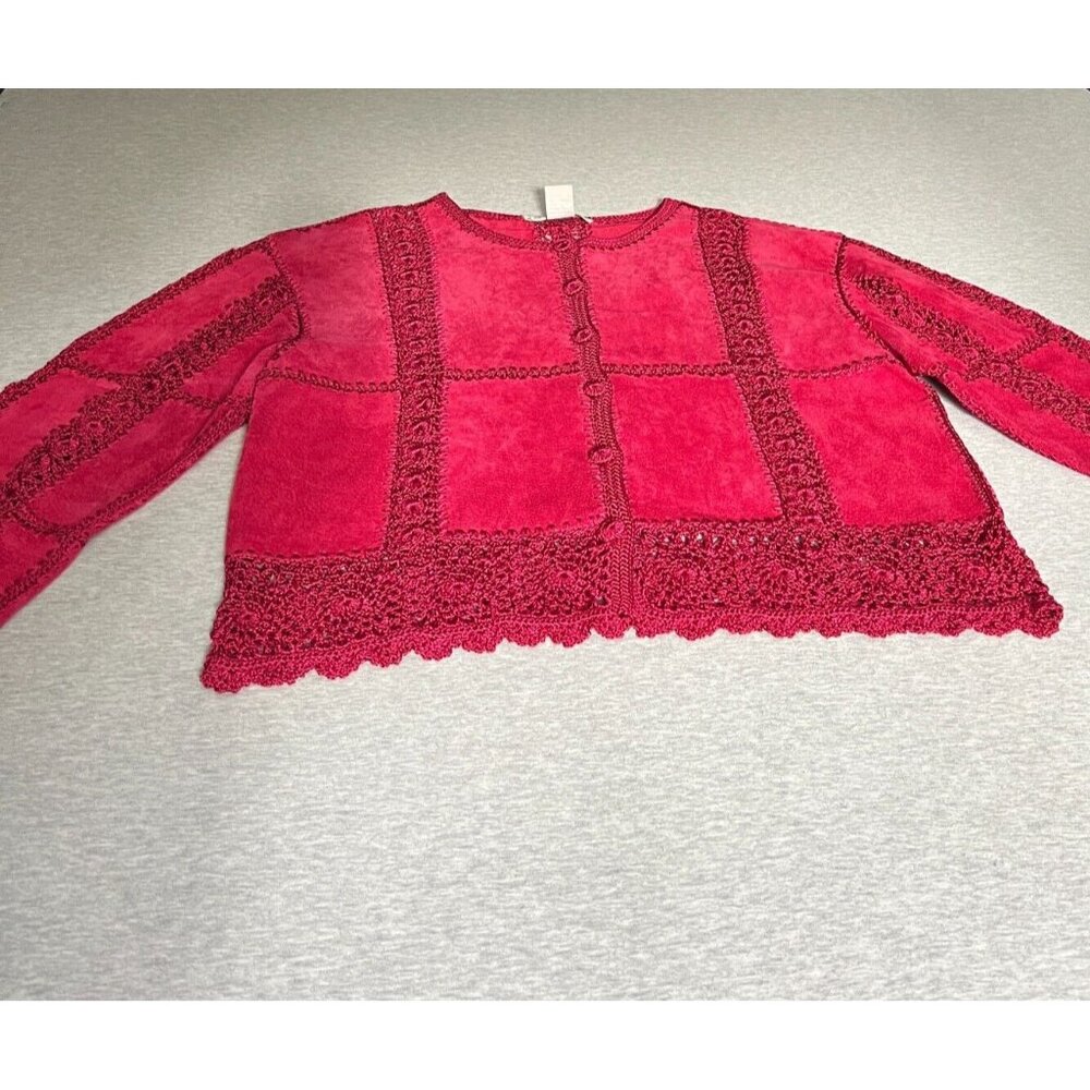 Vintage Suede Crochet‎ Jacket Womens Large Petite Pink Fushia Patchwork Boho SMH - Picture 2 of 12